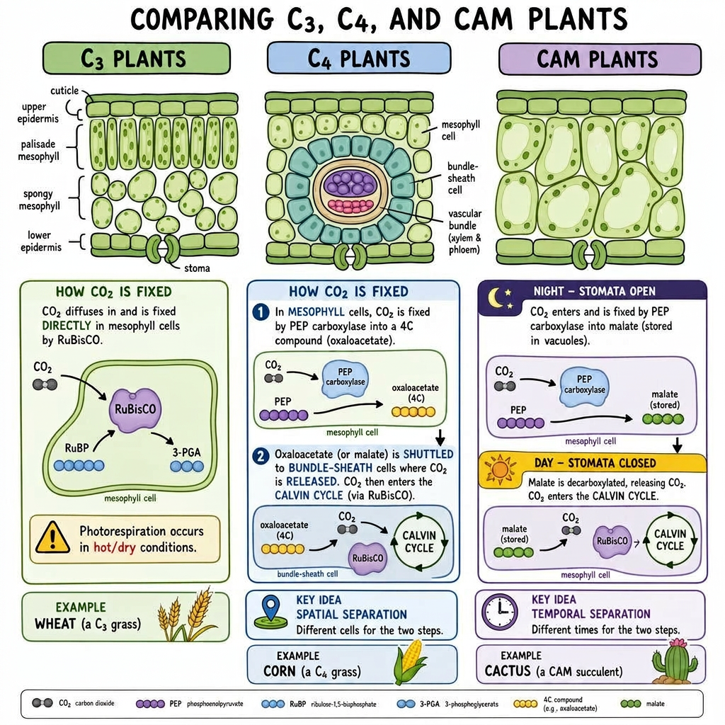 C3 vs C4 vs CAM plant carbon fixation strategies