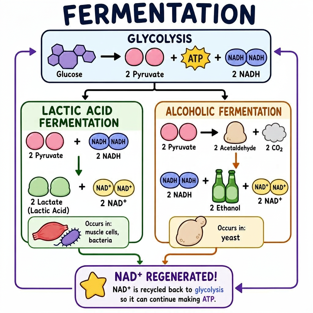 Lactic acid and alcoholic fermentation regenerating NAD+ for glycolysis