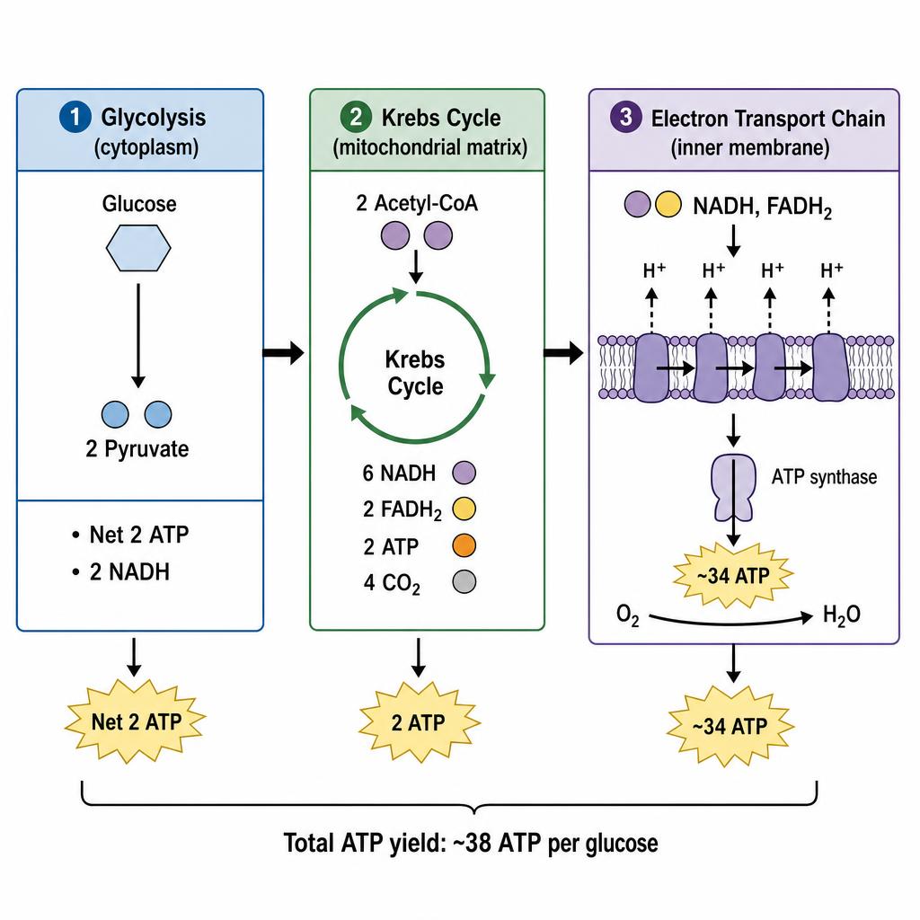 Cellular respiration overview with glycolysis, Krebs cycle, and ETC