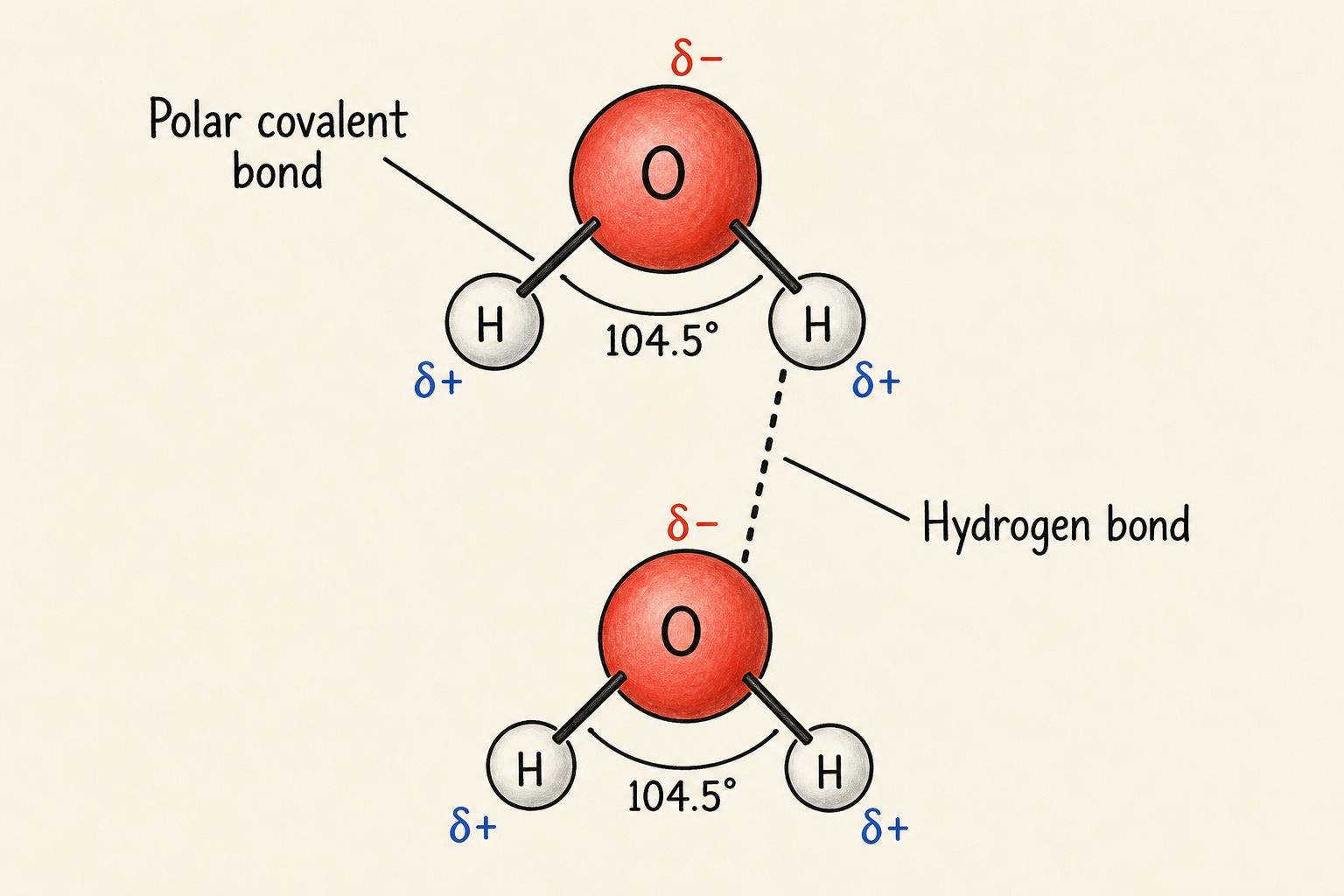 Water molecule polarity and hydrogen bonding diagram